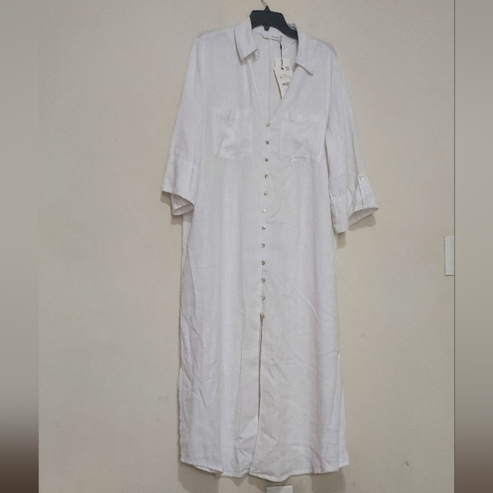 Zara Linen Midi White Button-Down Tunic Shirt Dresss Sz-M - Picture 5 of 10